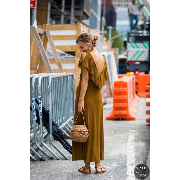 ZARA *BLOGGER FAV* Metallic Bronze Stripe Midi Dress Flutter Sleeve LARGE - Picture 2 of 10